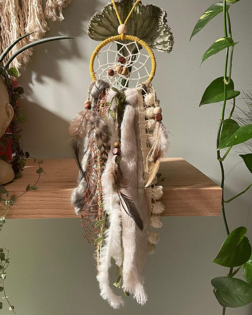 Bronze Fringe Duo - two small tan macrame hangings