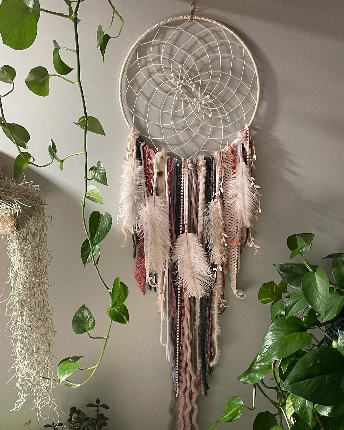 Ivory Feather Cascade - ivory dreamcatcher with heavy feather cascade